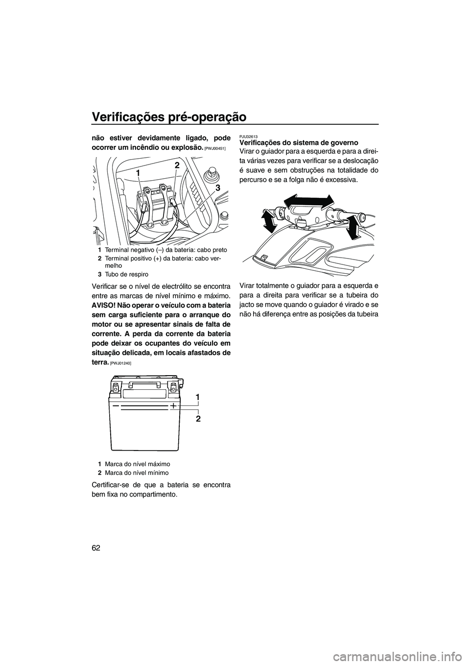 YAMAHA FZS SVHO 2010  Manual de utilização (in Portuguese) Verificações pré-operação
62
não estiver devidamente ligado, pode
ocorrer um incêndio ou explosão.
 [PWJ00451]
Verificar se o nível de electrólito se encontra
entre as marcas de nível míni