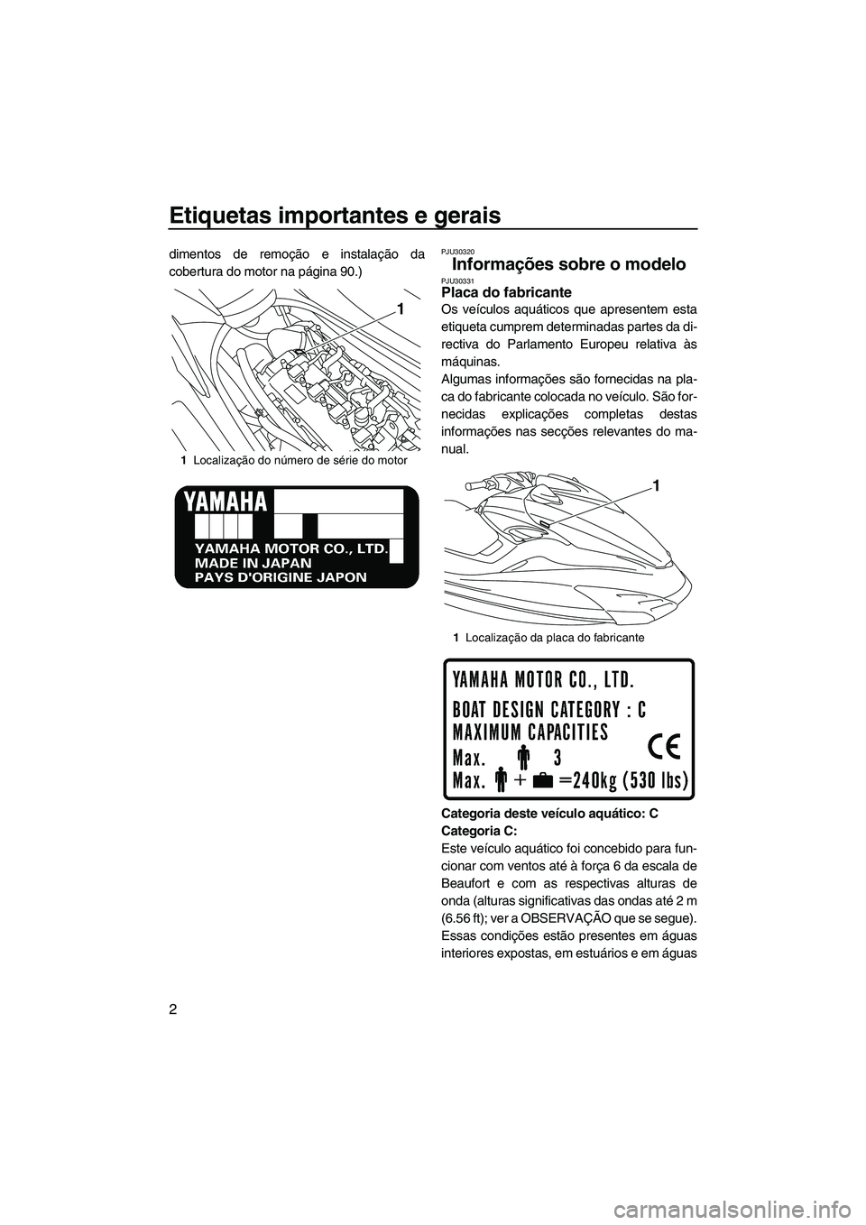 YAMAHA FZS SVHO 2010  Manual de utilização (in Portuguese) Etiquetas importantes e gerais
2
dimentos de remoção e instalação da
cobertura do motor na página 90.)PJU30320
Informações sobre o modelo PJU30331Placa do fabricante 
Os veículos aquáticos qu