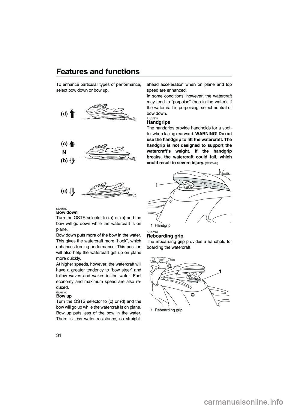 YAMAHA FZS SVHO 2009 Owners Guide Features and functions
31
To enhance particular types of performance,
select bow down or bow up.
EJU31330Bow down
Turn the QSTS selector to (a) or (b) and the
bow will go down while the watercraft is YAMAHA FZS SVHO 2009 Owners Guide Features and functions
31
To enhance particular types of performance,
select bow down or bow up.
EJU31330Bow down
Turn the QSTS selector to (a) or (b) and the
bow will go down while the watercraft is