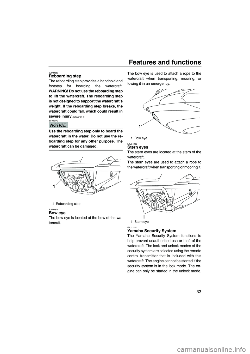 YAMAHA FZS SVHO 2009  Owners Manual Features and functions
32
EJU34862Reboarding step 
The reboarding step provides a handhold and
footstep for boarding the watercraft.
WARNING! Do not use the reboarding step
to lift the watercraft. The