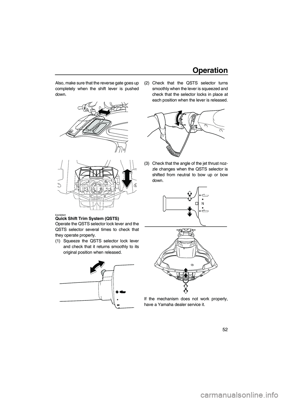YAMAHA FZS SVHO 2009  Owners Manual Operation
52
Also, make sure that the reverse gate goes up
completely when the shift lever is pushed
down.
EJU32641Quick Shift Trim System (QSTS) 
Operate the QSTS selector lock lever and the
QSTS sel
