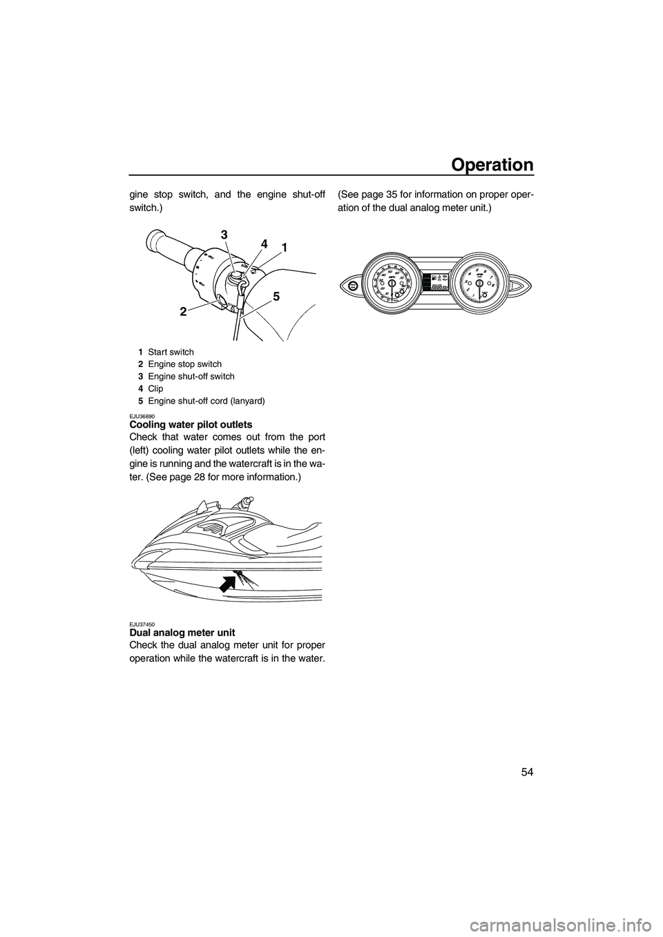 YAMAHA FZS 2009 Repair Manual Operation
54
gine stop switch, and the engine shut-off
switch.)
EJU36890Cooling water pilot outlets 
Check that water comes out from the port
(left) cooling water pilot outlets while the en-
gine is r