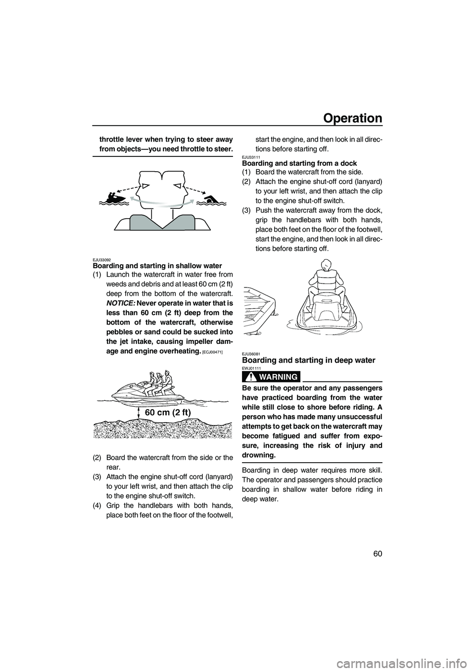 YAMAHA FZS 2009 Repair Manual Operation
60
throttle lever when trying to steer away
from objects—you need throttle to steer.
EJU33092Boarding and starting in shallow water 
(1) Launch the watercraft in water free from
weeds and 