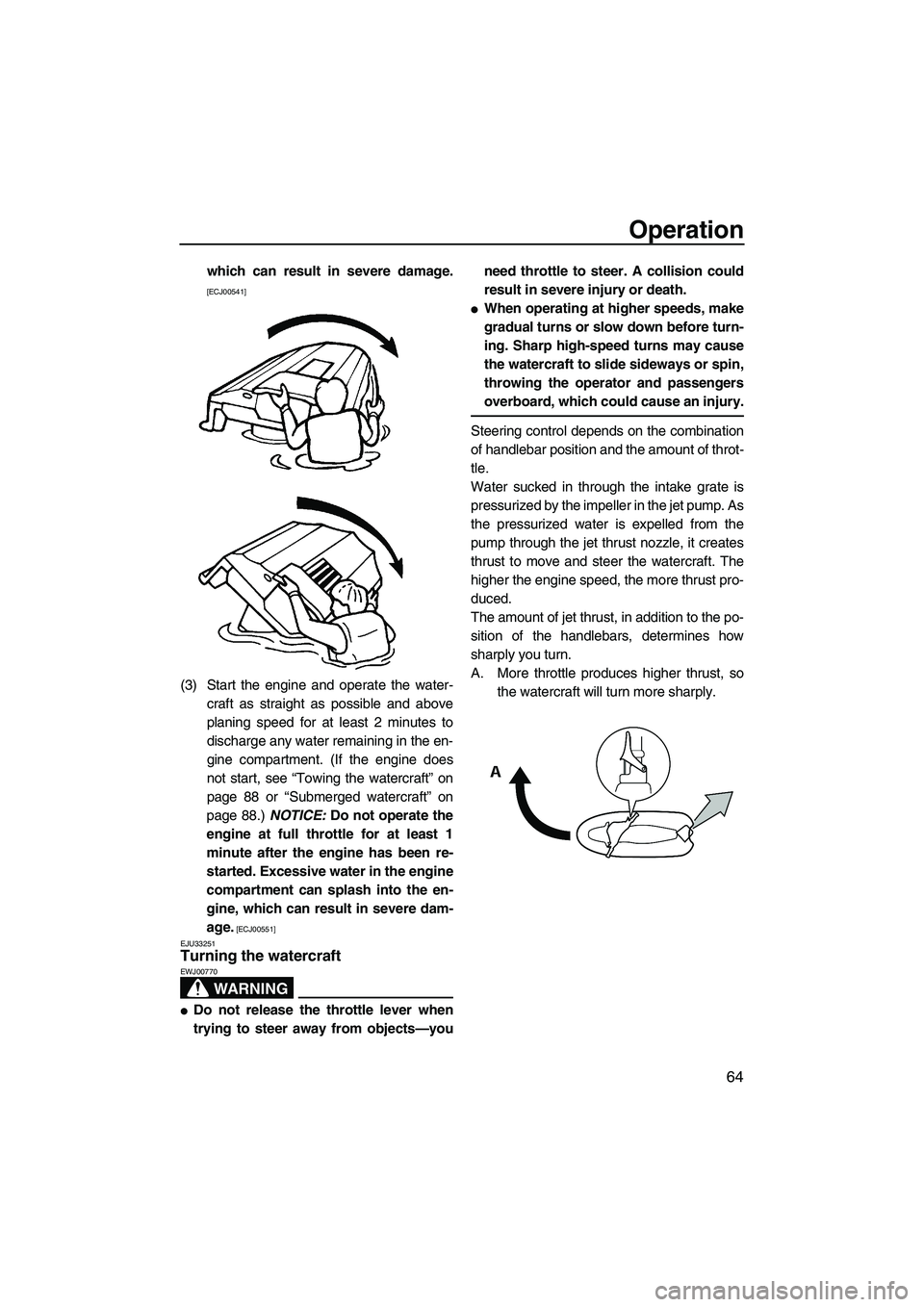 YAMAHA FZS 2009 Manual PDF Operation
64
which can result in severe damage.
[ECJ00541]
(3) Start the engine and operate the water-
craft as straight as possible and above
planing speed for at least 2 minutes to
discharge any wat