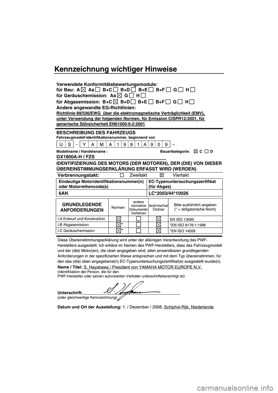 YAMAHA FZS SVHO 2009 Betriebsanleitungen (in German) Kennzeichnung wichtiger Hinweise
Diese Übereinstimmungserklärung wird unter der alleinigen Verantwortung des PWF-
Herstellers ausgestellt. Ich erkläre im Namen des PWF-Herstellers, dass das Fahrzeu YAMAHA FZS SVHO 2009 Betriebsanleitungen (in German) Kennzeichnung wichtiger Hinweise
Diese Übereinstimmungserklärung wird unter der alleinigen Verantwortung des PWF-
Herstellers ausgestellt. Ich erkläre im Namen des PWF-Herstellers, dass das Fahrzeu