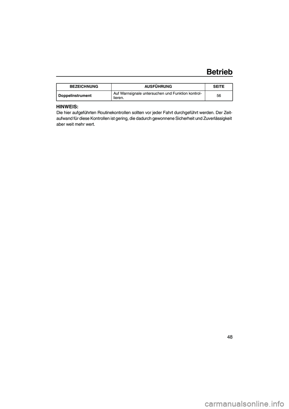 YAMAHA FZS 2009  Betriebsanleitungen (in German) Betrieb
48
HINWEIS:
Die hier aufgeführten Routinekontrollen sollten vor jeder Fahrt durchgeführt werden. Der Zeit-
aufwand für diese Kontrollen ist gering, die dadurch gewonnene Sicherheit und Zuve