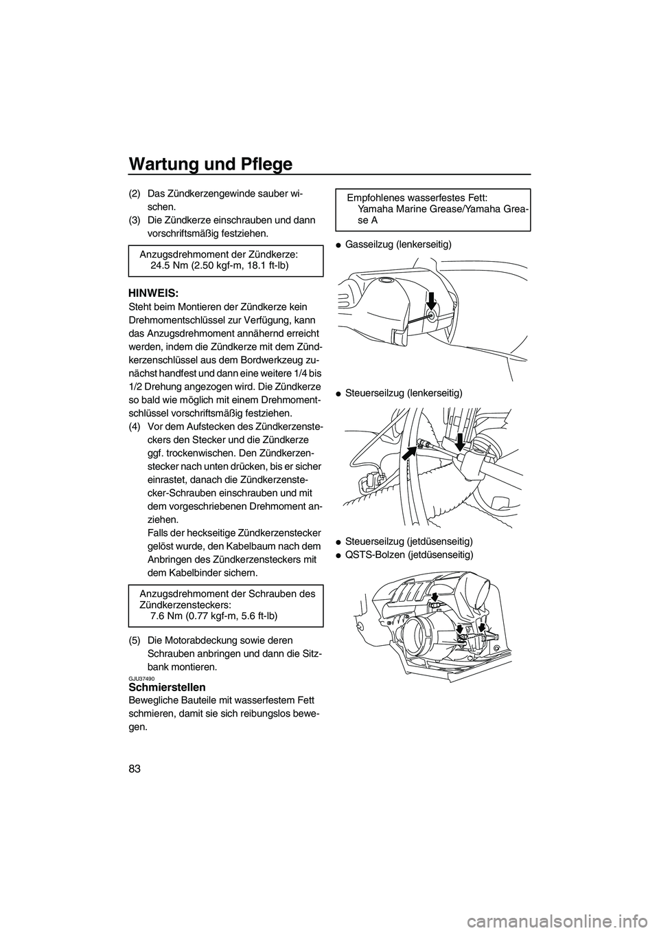 YAMAHA FZS 2009  Betriebsanleitungen (in German) Wartung und Pflege
83
(2) Das Zündkerzengewinde sauber wi-
schen.
(3) Die Zündkerze einschrauben und dann 
vorschriftsmäßig festziehen.
HINWEIS:
Steht beim Montieren der Zündkerze kein 
Drehmomen