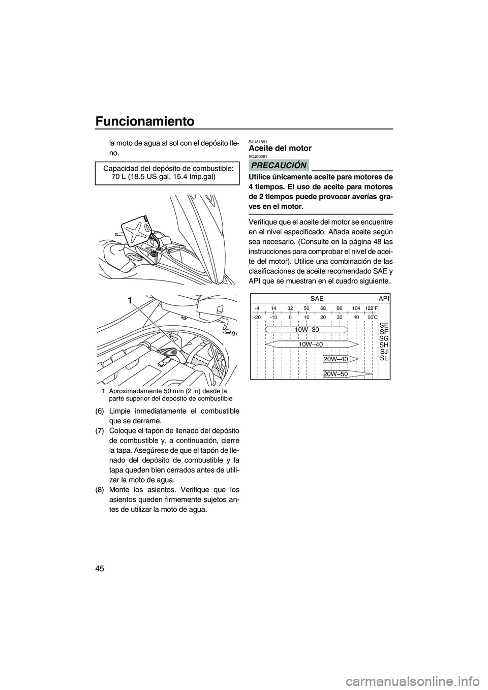 YAMAHA FZS 2009  Manuale de Empleo (in Spanish) Funcionamiento
45
la moto de agua al sol con el depósito lle-
no.
(6) Limpie inmediatamente el combustible
que se derrame.
(7) Coloque el tapón de llenado del depósito
de combustible y, a continuac