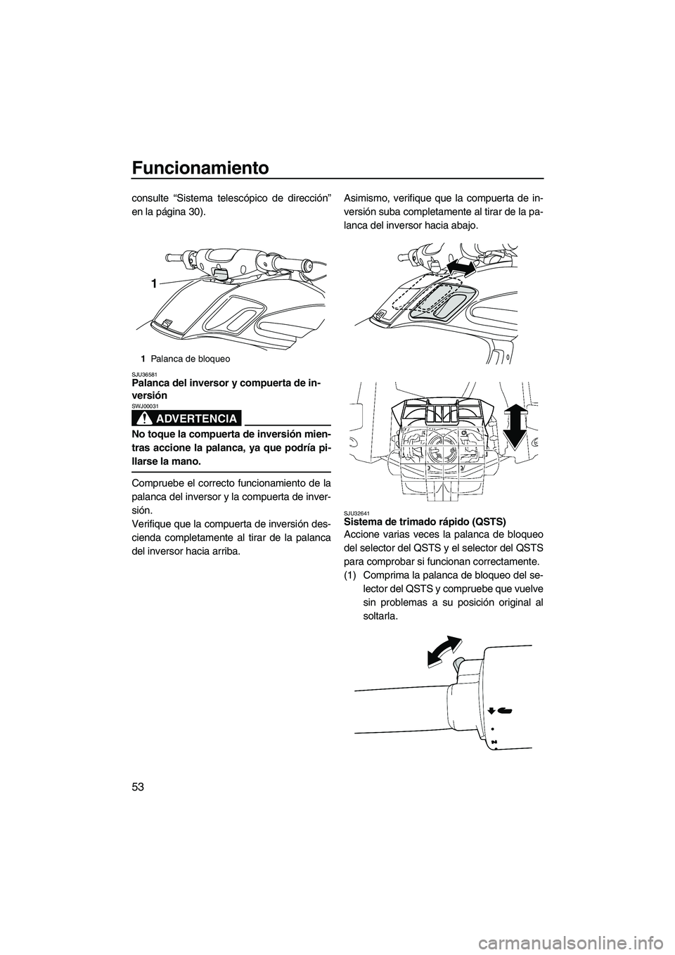 YAMAHA FZS 2009  Manuale de Empleo (in Spanish) Funcionamiento
53
consulte “Sistema telescópico de dirección”
en la página 30).
SJU36581Palanca del inversor y compuerta de in-
versión 
ADVERTENCIA
SWJ00031
No toque la compuerta de inversió