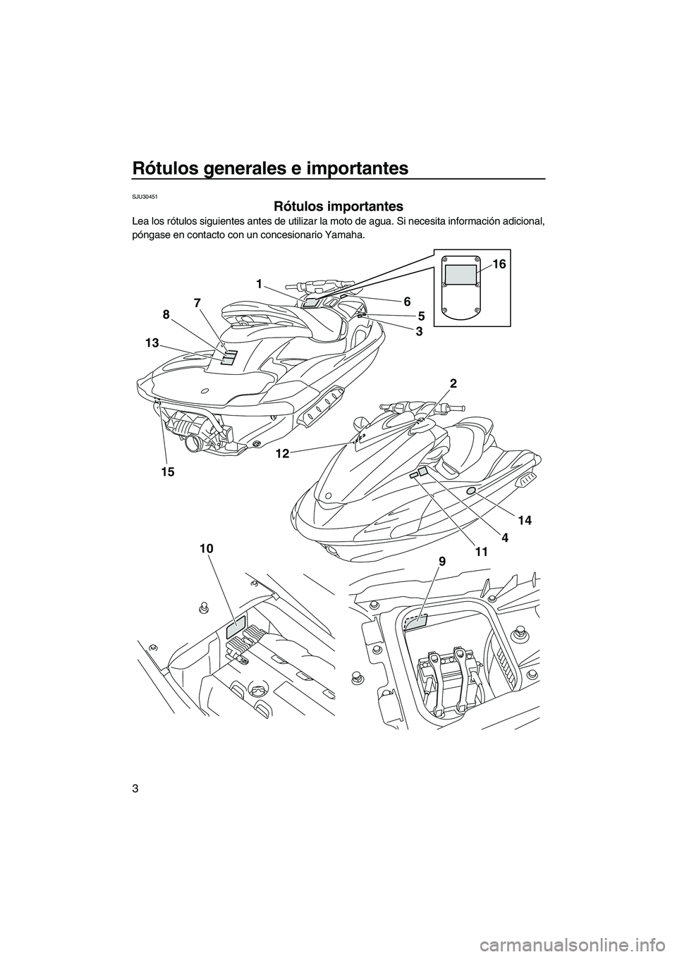 YAMAHA FZS 2009 Manuale de Empleo (in Spanish) Rótulos generales e importantes
3
SJU30451
Rótulos importantes
Lea los rótulos siguientes antes de utilizar la moto de agua. Si necesita información adicional,
póngase en contacto con un concesi YAMAHA FZS 2009 Manuale de Empleo (in Spanish) Rótulos generales e importantes
3
SJU30451
Rótulos importantes
Lea los rótulos siguientes antes de utilizar la moto de agua. Si necesita información adicional,
póngase en contacto con un concesi