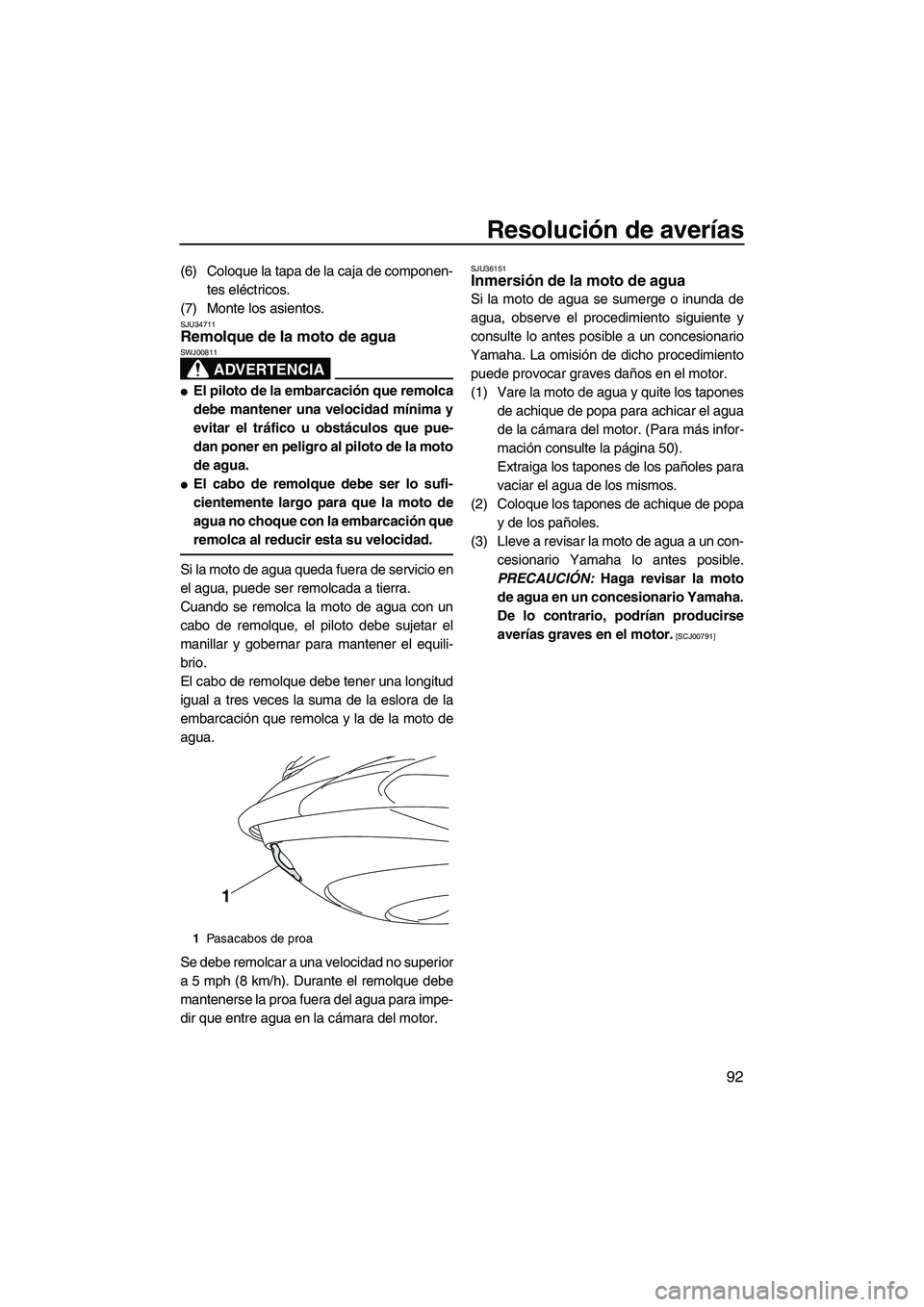 YAMAHA FZS 2009  Manuale de Empleo (in Spanish) Resolución de averías
92
(6) Coloque la tapa de la caja de componen-
tes eléctricos.
(7) Monte los asientos.
SJU34711Remolque de la moto de agua 
ADVERTENCIA
SWJ00811
El piloto de la embarcación 