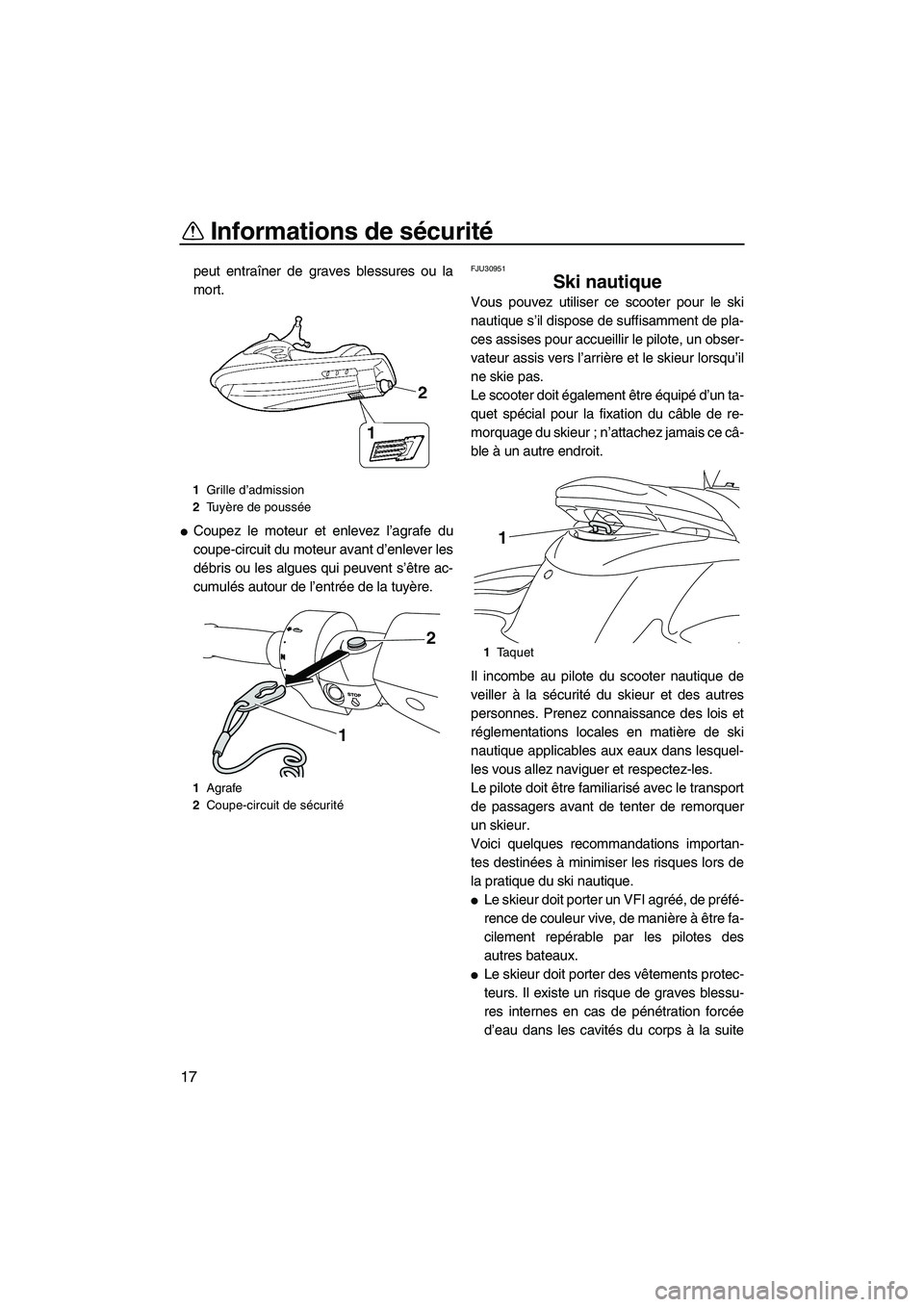 YAMAHA FZS 2009  Notices Demploi (in French) Informations de sécurité
17
peut entraîner de graves blessures ou la
mort.
Coupez le moteur et enlevez l’agrafe du
coupe-circuit du moteur avant d’enlever les
débris ou les algues qui peuvent