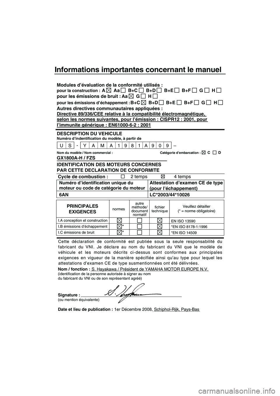 YAMAHA FZS 2009 Notices Demploi (in French) Informations importantes concernant le manuel
Nom / fonction :S. Hayakawa / Président de YAMAHA MOTOR EUROPE N.V.(identification de la personne autorisée à signer au nom
du fabricant du VNI ou de s YAMAHA FZS 2009 Notices Demploi (in French) Informations importantes concernant le manuel
Nom / fonction :S. Hayakawa / Président de YAMAHA MOTOR EUROPE N.V.(identification de la personne autorisée à signer au nom
du fabricant du VNI ou de s