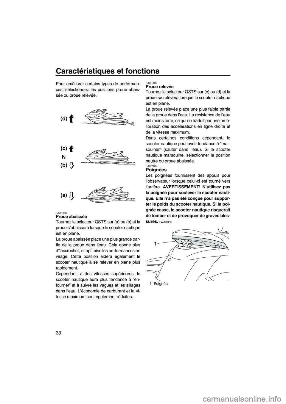 YAMAHA FZS SVHO 2009  Notices Demploi (in French) Caractéristiques et fonctions
33
Pour améliorer certains types de performan-
ces, sélectionnez les positions proue abais-
sée ou proue relevée.
FJU31330Proue abaissée 
Tournez le sélecteur QSTS