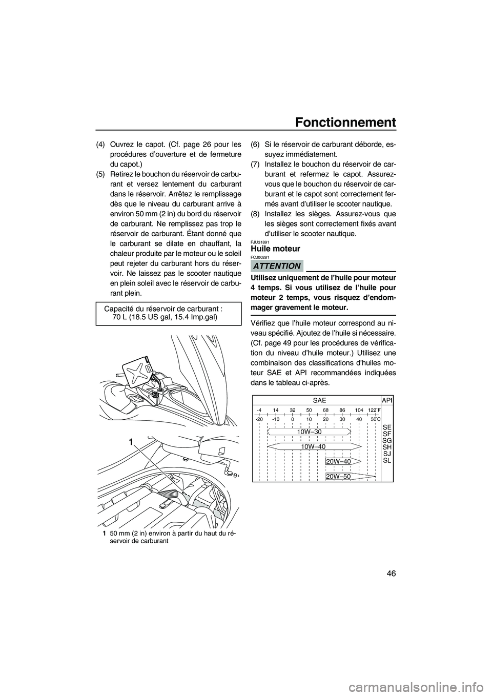 YAMAHA FZS 2009  Notices Demploi (in French) Fonctionnement
46
(4) Ouvrez le capot. (Cf. page 26 pour les
procédures d’ouverture et de fermeture
du capot.)
(5) Retirez le bouchon du réservoir de carbu-
rant et versez lentement du carburant
d