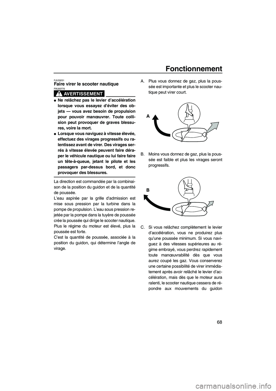 YAMAHA FZS 2009  Notices Demploi (in French) Fonctionnement
68
FJU33251Faire virer le scooter nautique 
AVERTISSEMENT
FWJ00770
Ne relâchez pas le levier d’accélération
lorsque vous essayez d’éviter des ob-
jets — vous avez besoin de p