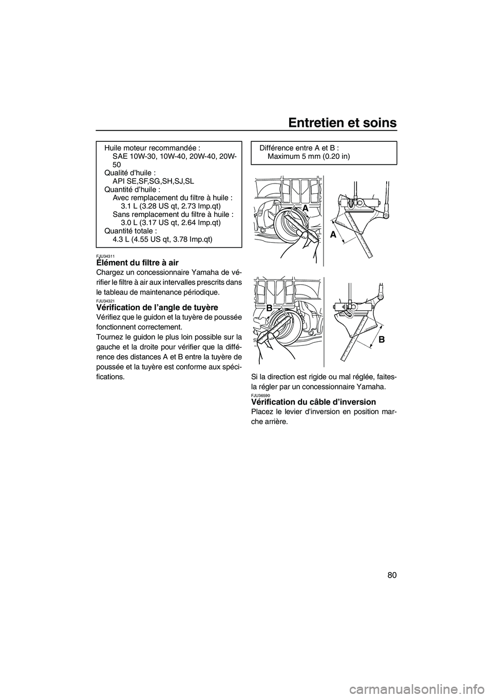 YAMAHA FZS SVHO 2009 Notices Demploi (in French) Entretien et soins
80
FJU34311Élément du filtre à air
Chargez un concessionnaire Yamaha de vé-
rifier le filtre à air aux intervalles prescrits dans
le tableau de maintenance périodique.
FJU343 YAMAHA FZS SVHO 2009 Notices Demploi (in French) Entretien et soins
80
FJU34311Élément du filtre à air
Chargez un concessionnaire Yamaha de vé-
rifier le filtre à air aux intervalles prescrits dans
le tableau de maintenance périodique.
FJU343