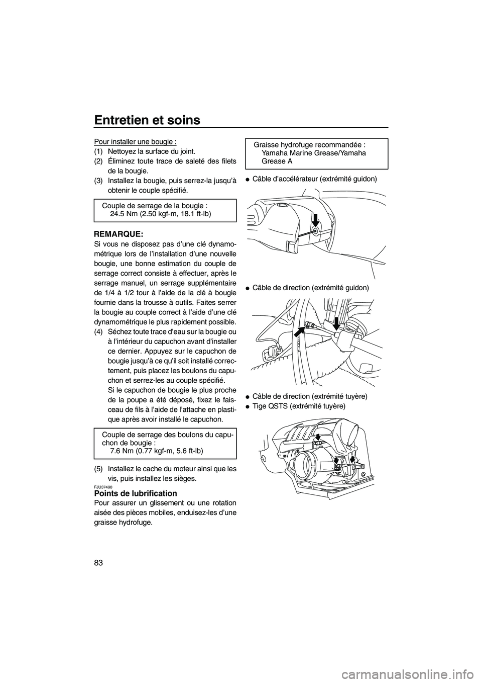 YAMAHA FZS 2009  Notices Demploi (in French) Entretien et soins
83
Pour installer une bougie :
(1) Nettoyez la surface du joint.
(2)Éliminez toute trace de saleté des filets
de la bougie.
(3) Installez la bougie, puis serrez-la jusqu’à
obte