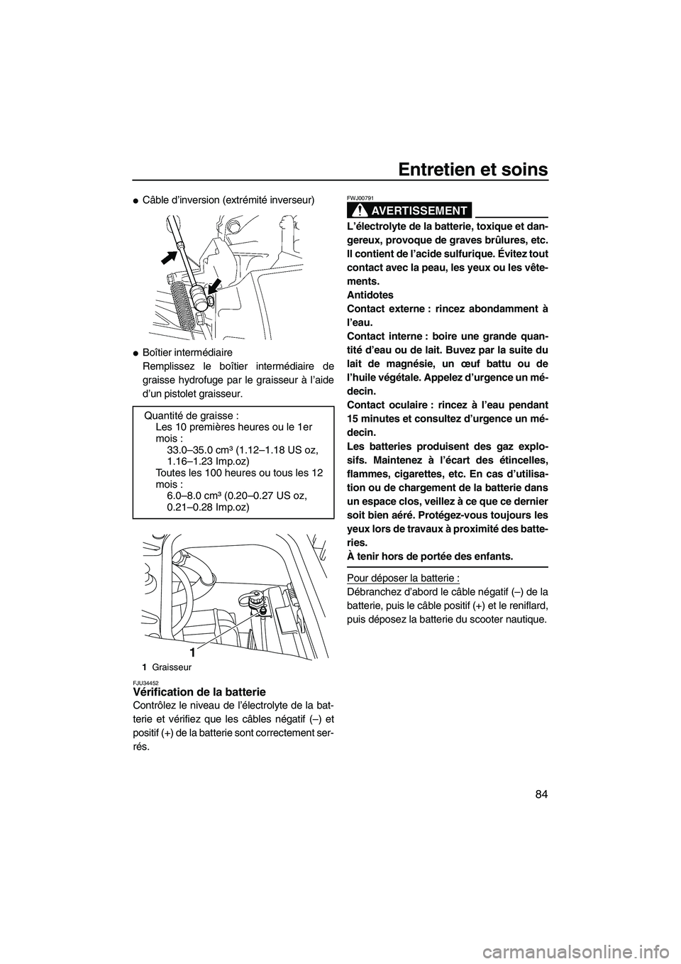 YAMAHA FZS 2009  Notices Demploi (in French) Entretien et soins
84
Câble d’inversion (extrémité inverseur)
Boîtier intermédiaire
Remplissez le boîtier intermédiaire de
graisse hydrofuge par le graisseur à l’aide
d’un pistolet gra