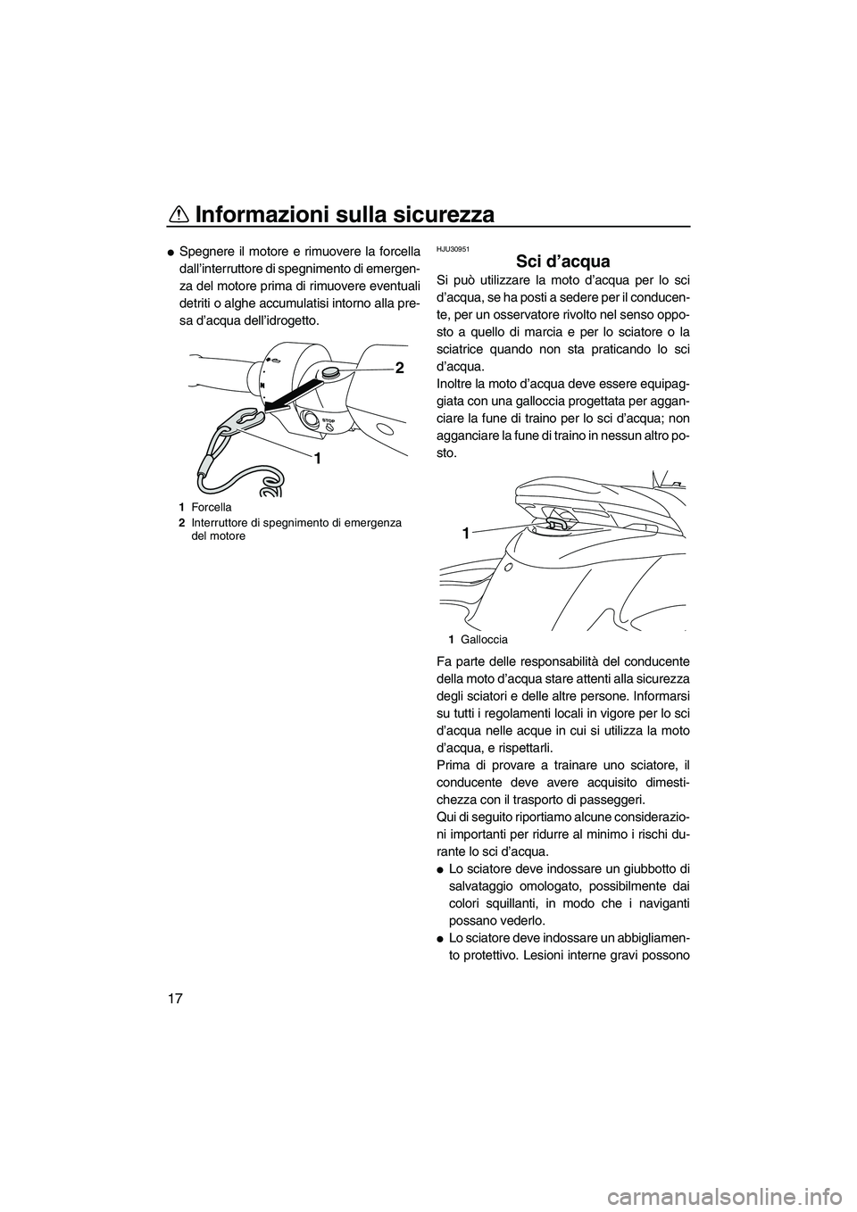 YAMAHA FZS SVHO 2009  Manuale duso (in Italian) Informazioni sulla sicurezza
17
Spegnere il motore e rimuovere la forcella
dall’interruttore di spegnimento di emergen-
za del motore prima di rimuovere eventuali
detriti o alghe accumulatisi intor
