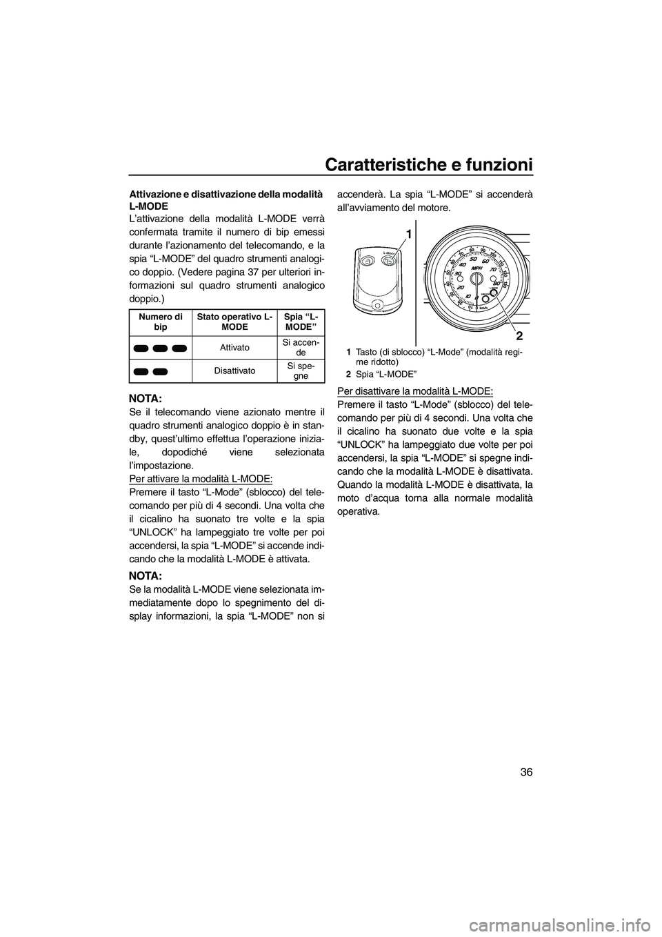 YAMAHA FZS 2009  Manuale duso (in Italian) Caratteristiche e funzioni
36
Attivazione e disattivazione della modalità 
L-MODE
L’attivazione della modalità L-MODE verrà
confermata tramite il numero di bip emessi
durante l’azionamento del 