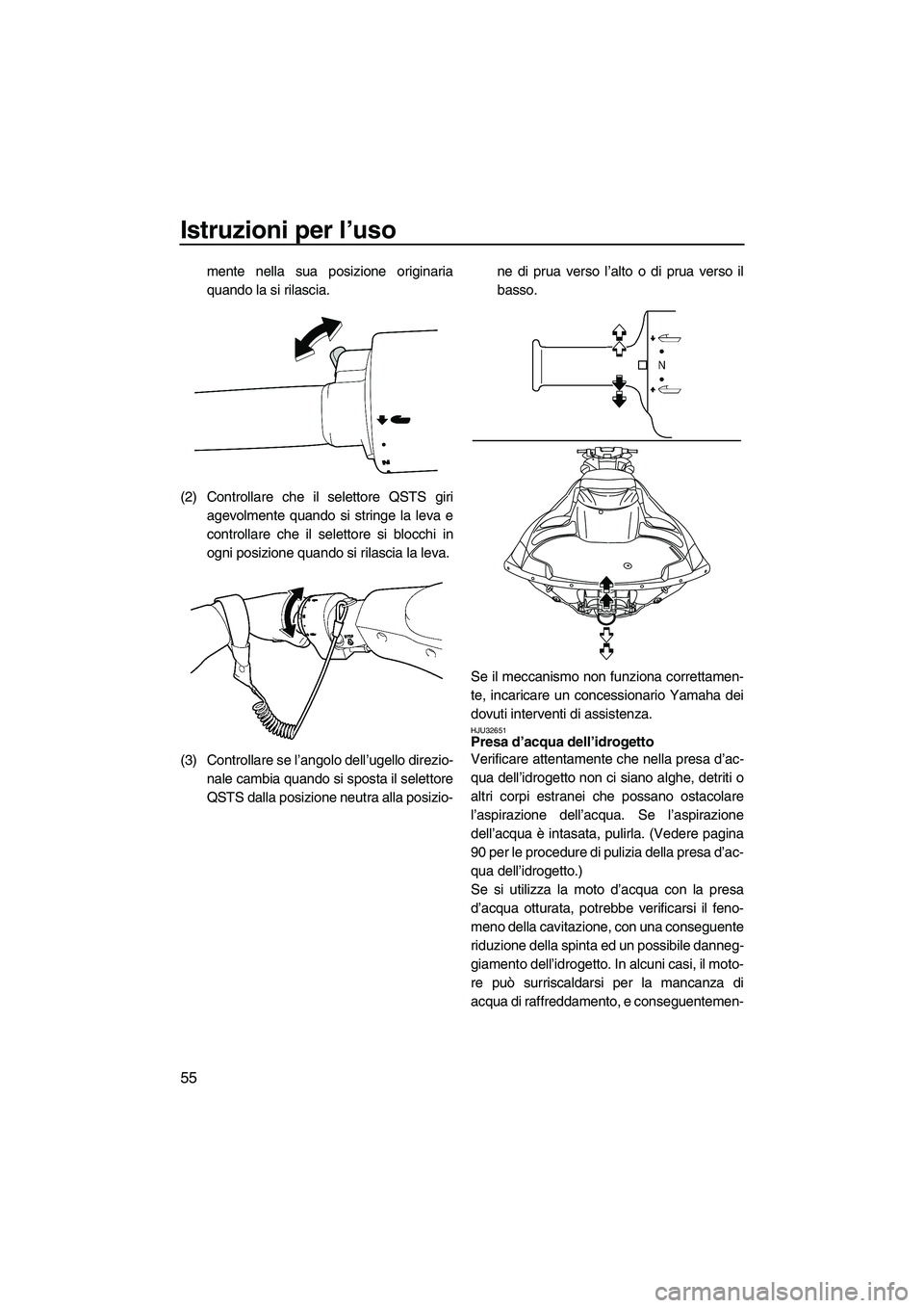YAMAHA FZS 2009  Manuale duso (in Italian) Istruzioni per l’uso
55
mente nella sua posizione originaria
quando la si rilascia.
(2) Controllare che il selettore QSTS giri
agevolmente quando si stringe la leva e
controllare che il selettore si