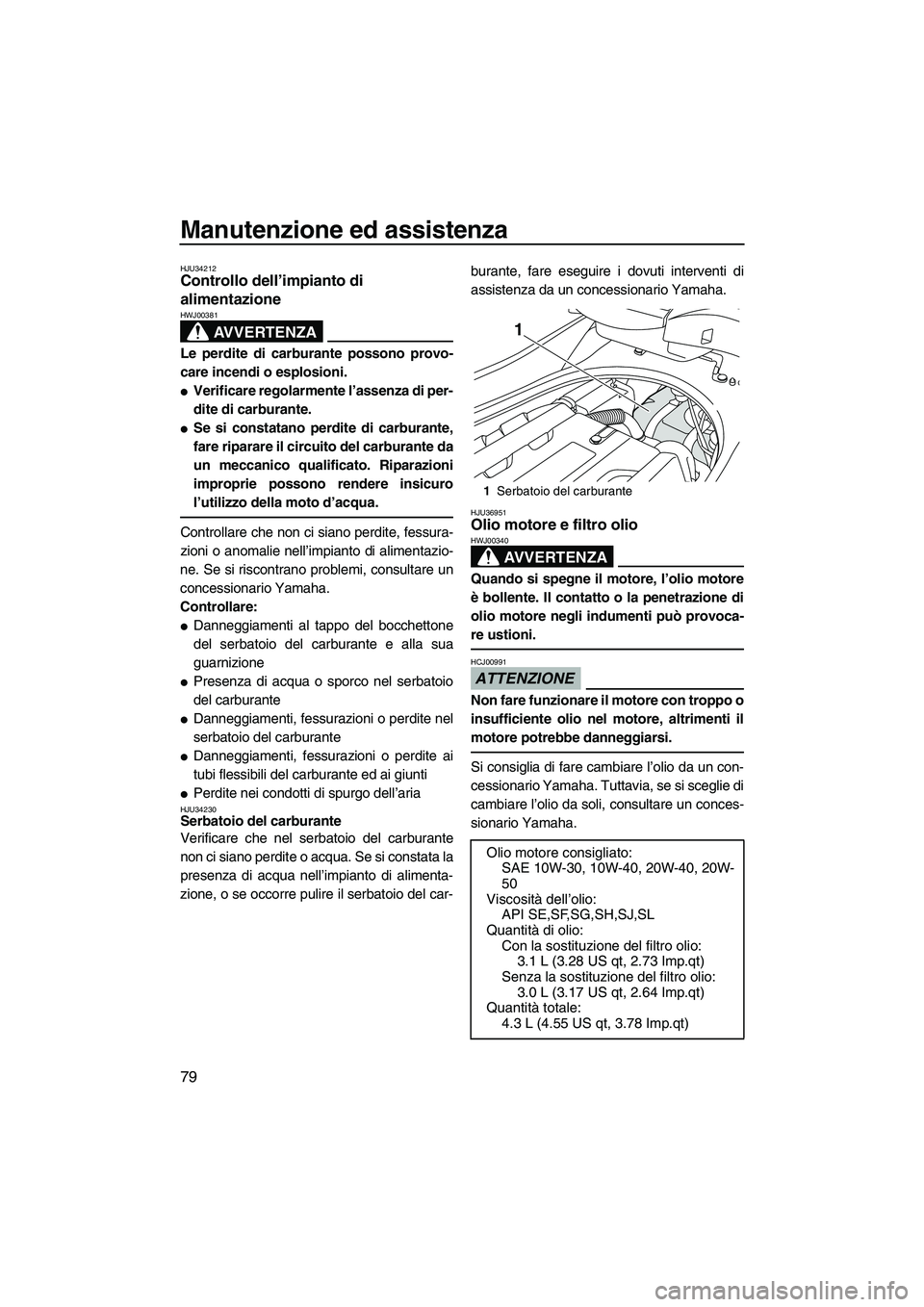 YAMAHA FZS 2009  Manuale duso (in Italian) Manutenzione ed assistenza
79
HJU34212Controllo dell’impianto di 
alimentazione 
AVVERTENZA
HWJ00381
Le perdite di carburante possono provo-
care incendi o esplosioni.
Verificare regolarmente l’a