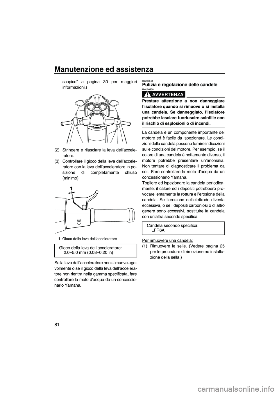 YAMAHA FZS 2009  Manuale duso (in Italian) Manutenzione ed assistenza
81
scopico” a pagina 30 per maggiori
informazioni.)
(2) Stringere e rilasciare la leva dell’accele-
ratore.
(3) Controllare il gioco della leva dell’accele-
ratore con