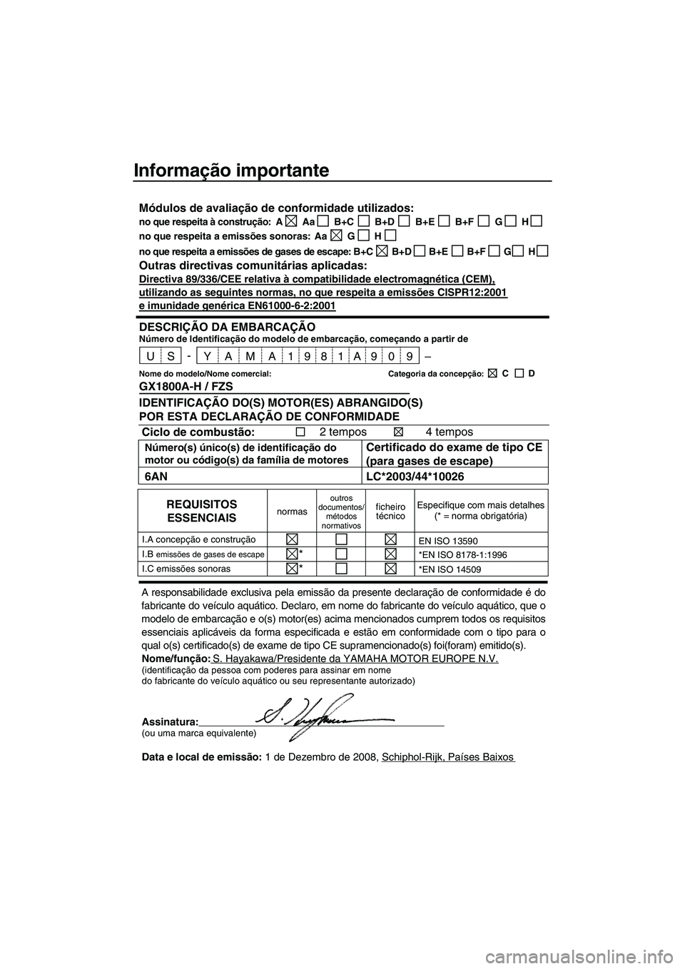 YAMAHA FZS SVHO 2009 Manual de utilização (in Portuguese) Informação importante
Nome/função:S. Hayakawa/Presidente da YAMAHA MOTOR EUROPE N.V.(identificação da pessoa com poderes para assinar em nome
do fabricante do veículo aquático ou seu represent YAMAHA FZS SVHO 2009 Manual de utilização (in Portuguese) Informação importante
Nome/função:S. Hayakawa/Presidente da YAMAHA MOTOR EUROPE N.V.(identificação da pessoa com poderes para assinar em nome
do fabricante do veículo aquático ou seu represent