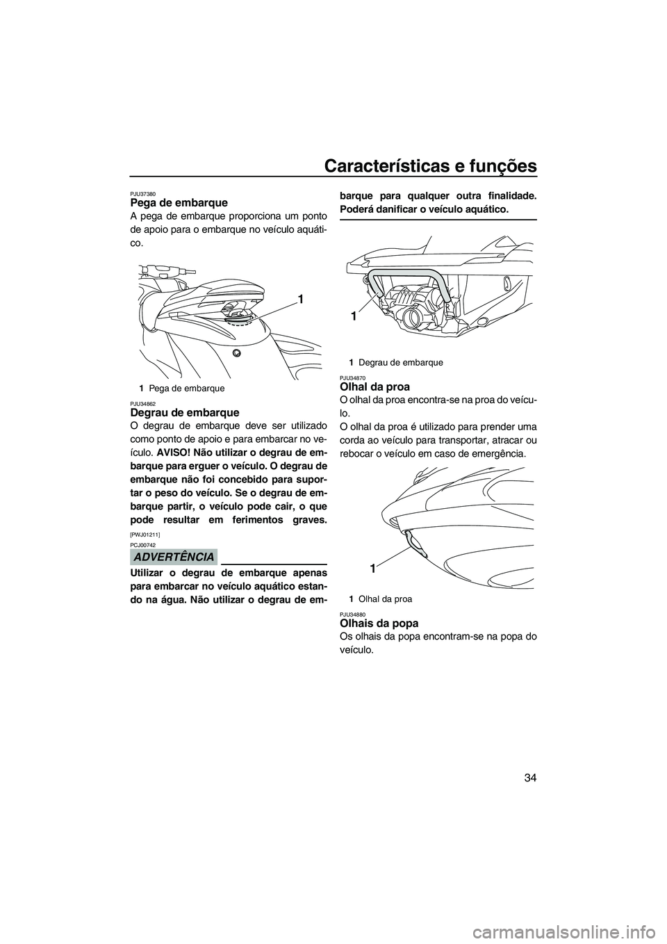 YAMAHA FZS 2009 Manual de utilização (in Portuguese) Características e funções
34
PJU37380Pega de embarque
A pega de embarque proporciona um ponto
de apoio para o embarque no veículo aquáti-
co.
PJU34862Degrau de embarque
O degrau de embarque dev YAMAHA FZS 2009 Manual de utilização (in Portuguese) Características e funções
34
PJU37380Pega de embarque
A pega de embarque proporciona um ponto
de apoio para o embarque no veículo aquáti-
co.
PJU34862Degrau de embarque
O degrau de embarque dev