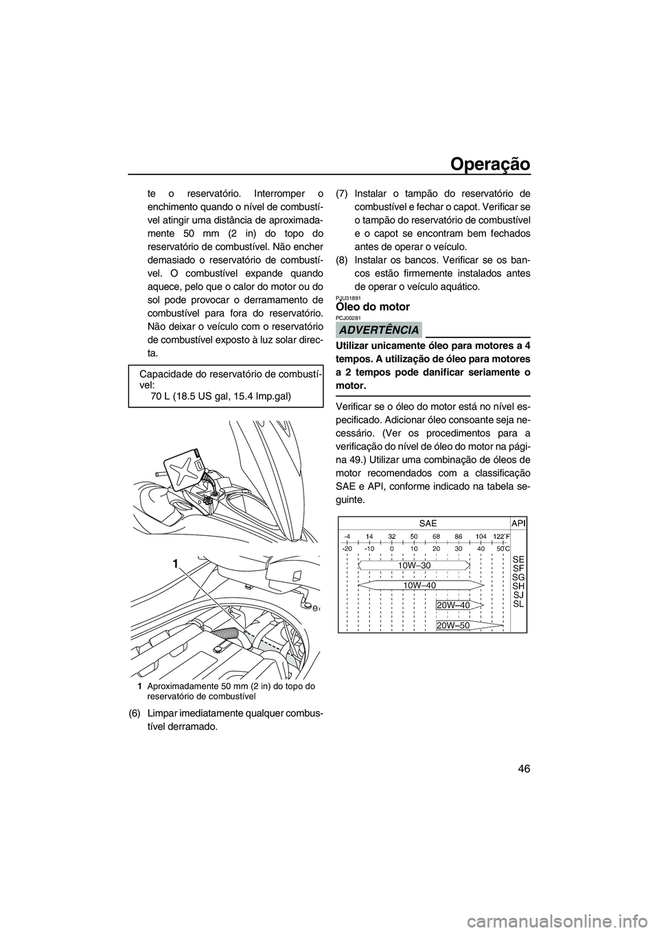 YAMAHA FZS 2009  Manual de utilização (in Portuguese) Operação
46
te o reservatório. Interromper o
enchimento quando o nível de combustí-
vel atingir uma distância de aproximada-
mente 50 mm (2 in) do topo do
reservatório de combustível. Não enc