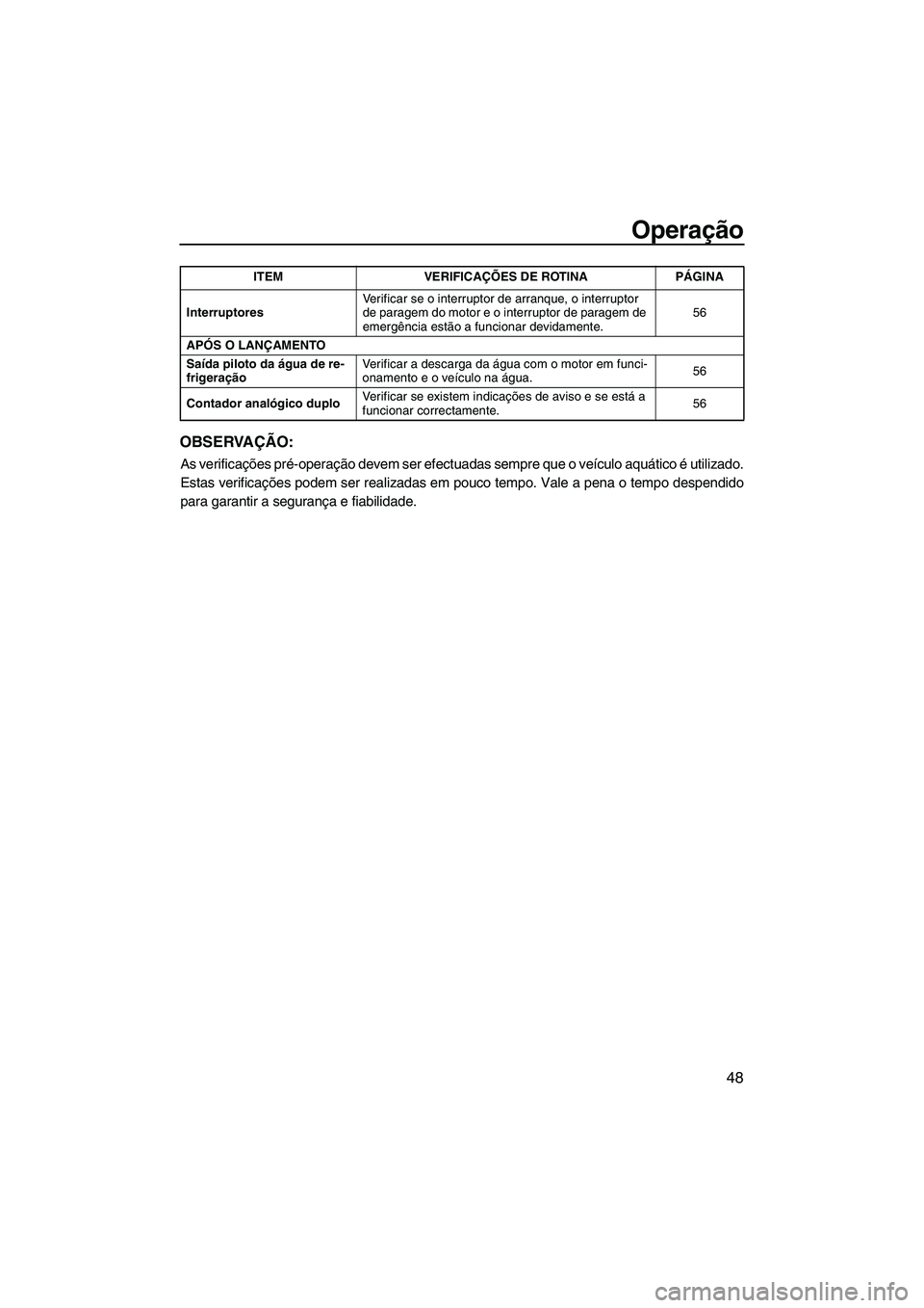 YAMAHA FZS 2009  Manual de utilização (in Portuguese) Operação
48
OBSERVAÇÃO:
As verificações pré-operação devem ser efectuadas sempre que o veículo aquático é utilizado.
Estas verificações podem ser realizadas em pouco tempo. Vale a pena o