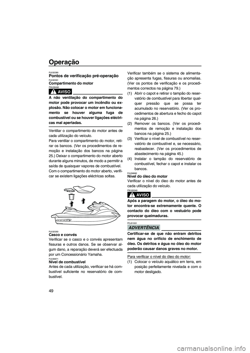 YAMAHA FZS 2009  Manual de utilização (in Portuguese) Operação
49
PJU32280Pontos de verificação pré-operação PJU32331Compartimento do motor 
AV I S O
PWJ00460
A não ventilação do compartimento do
motor pode provocar um incêndio ou ex-
plosão.