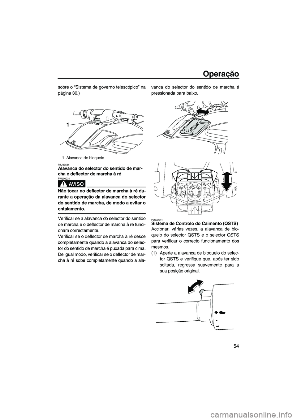 YAMAHA FZS 2009  Manual de utilização (in Portuguese) Operação
54
sobre o “Sistema de governo telescópico” na
página 30.)
PJU36581Alavanca do selector do sentido de mar-
cha e deflector de marcha à ré 
AV I S O
PWJ00031
Não tocar no deflector 