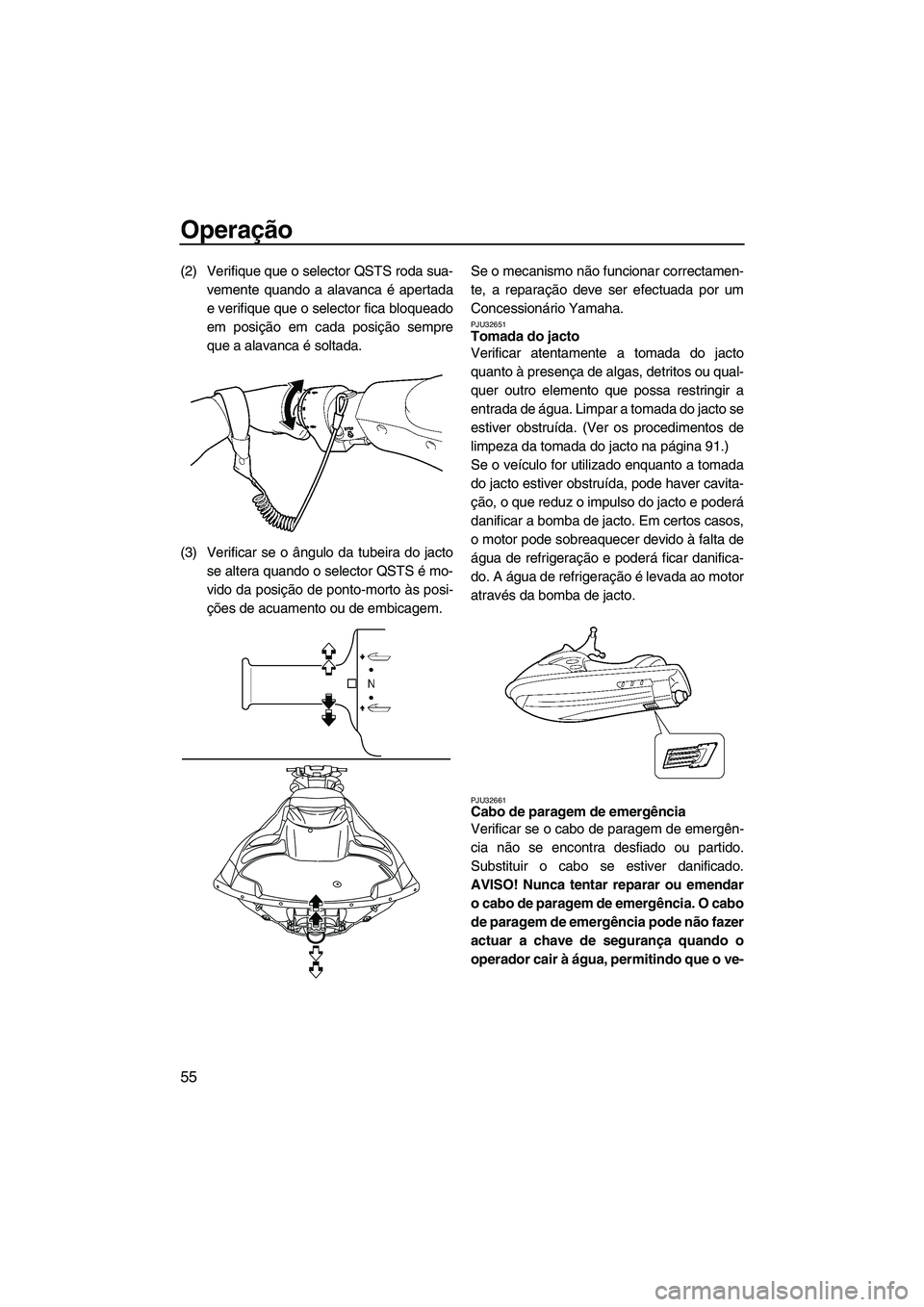YAMAHA FZS 2009  Manual de utilização (in Portuguese) Operação
55
(2) Verifique que o selector QSTS roda sua-
vemente quando a alavanca é apertada
e verifique que o selector fica bloqueado
em posição em cada posição sempre
que a alavanca é soltad