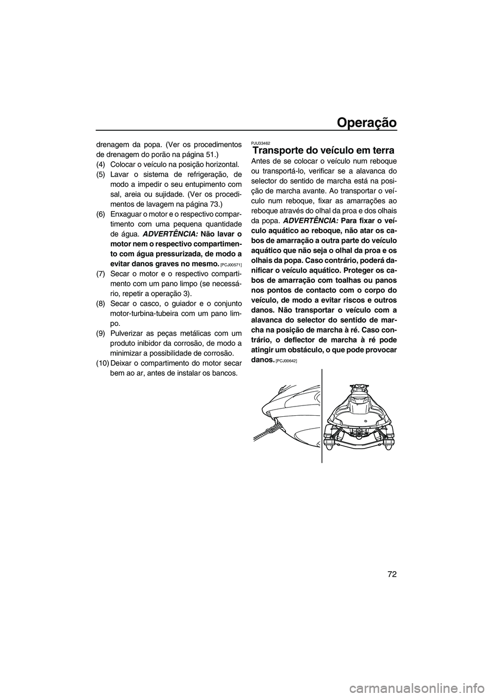 YAMAHA FZS 2009  Manual de utilização (in Portuguese) Operação
72
drenagem da popa. (Ver os procedimentos
de drenagem do porão na página 51.)
(4) Colocar o veículo na posição horizontal.
(5) Lavar o sistema de refrigeração, de
modo a impedir o s