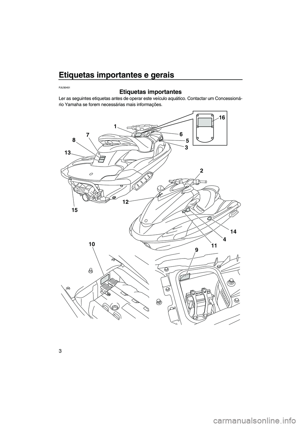 YAMAHA FZS 2009  Manual de utilização (in Portuguese) Etiquetas importantes e gerais
3
PJU30451
Etiquetas importantes 
Ler as seguintes etiquetas antes de operar este veículo aquático. Contactar um Concessioná-
rio Yamaha se forem necessárias mais in