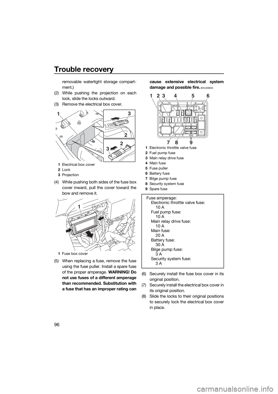 YAMAHA FZS SVHO 2016  Owners Manual Trouble recovery
96
removable watertight storage compart-
ment.)
(2) While pushing the projection on each
lock, slide the locks outward.
(3) Remove the electrical box cover.
(4) While pushing both sid