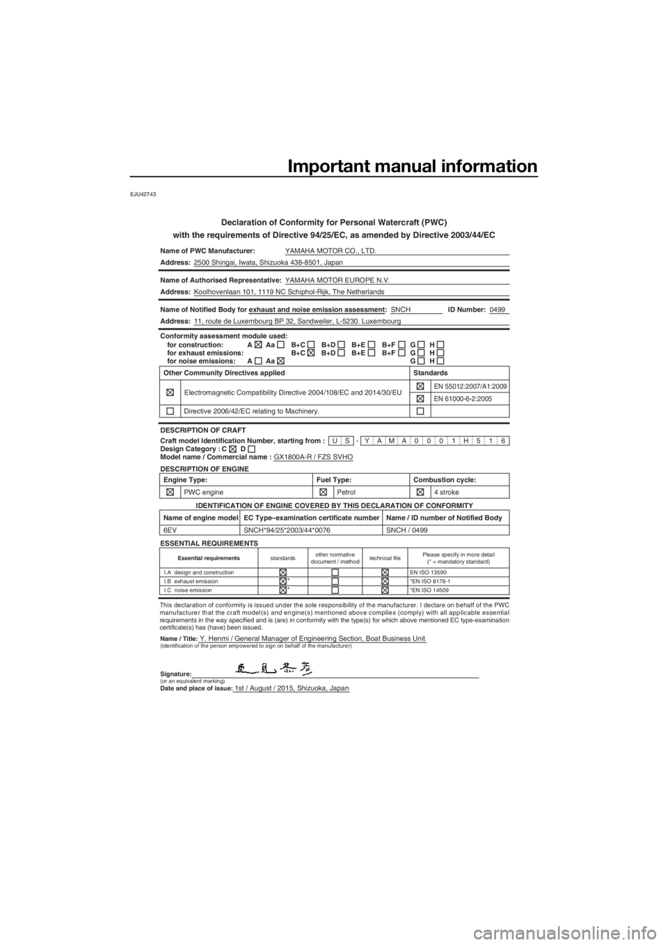 YAMAHA FZS SVHO 2016 Owners Manual Important manual information
EJU42743
Declaration of Conformity for Personal Watercraft (PWC)
with the requirements of Directive 94/25/EC, as amended by Directive 200\
3/44/EC
Name of PWC Manufacturer YAMAHA FZS SVHO 2016 Owners Manual Important manual information
EJU42743
Declaration of Conformity for Personal Watercraft (PWC)
with the requirements of Directive 94/25/EC, as amended by Directive 200\
3/44/EC
Name of PWC Manufacturer