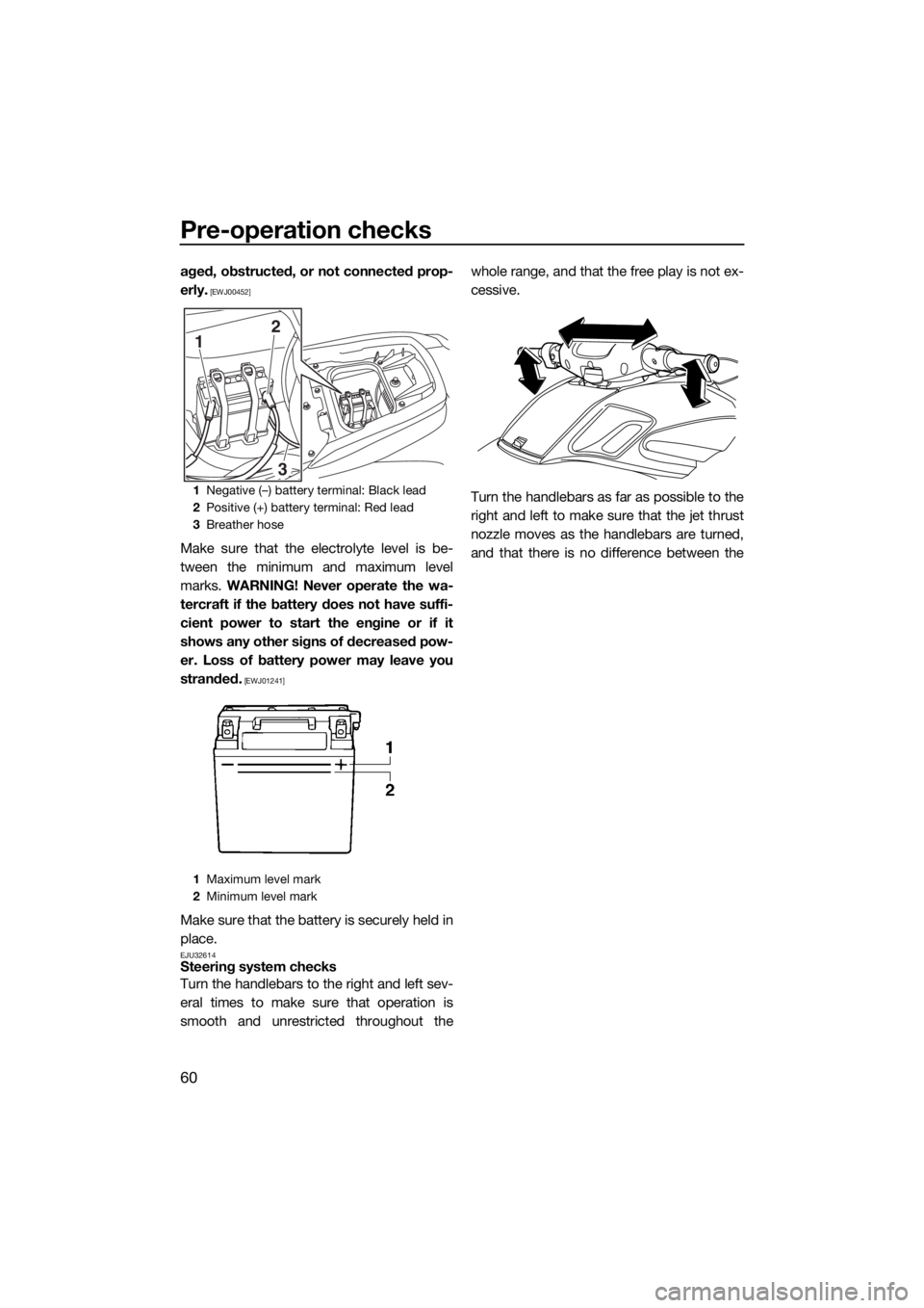 YAMAHA FZS SVHO 2016  Owners Manual Pre-operation checks
60
aged, obstructed, or not connected prop-
erly.
 [EWJ00452]
Make sure that the electrolyte level is be-
tween the minimum and maximum level
marks. WARNING! Never operate the wa-