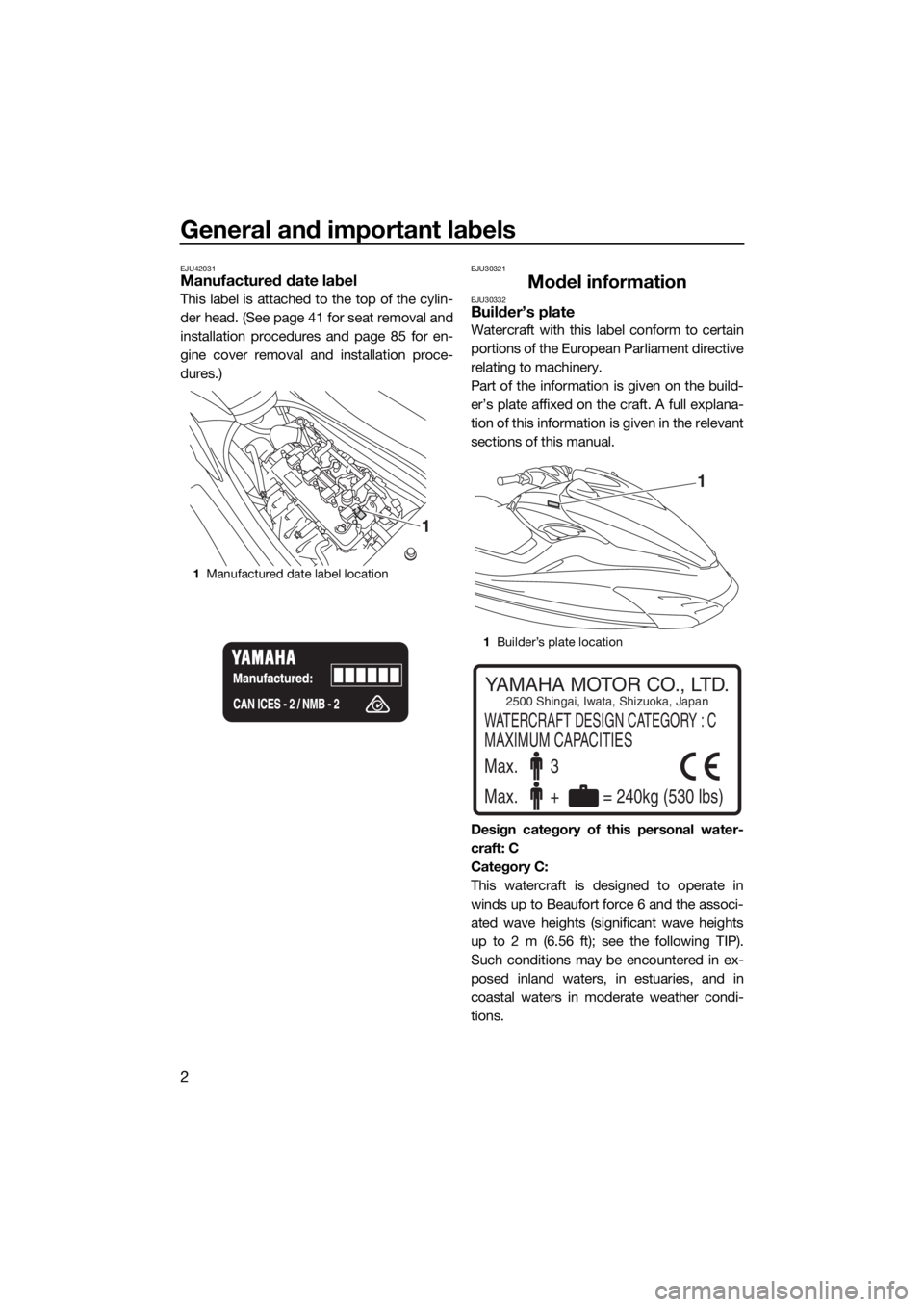 YAMAHA FZS SVHO 2016  Owners Manual General and important labels
2
EJU42031Manufactured date label
This label is attached to the top of the cylin-
der head. (See page 41 for seat removal and
installation procedures and page 85 for en-
g