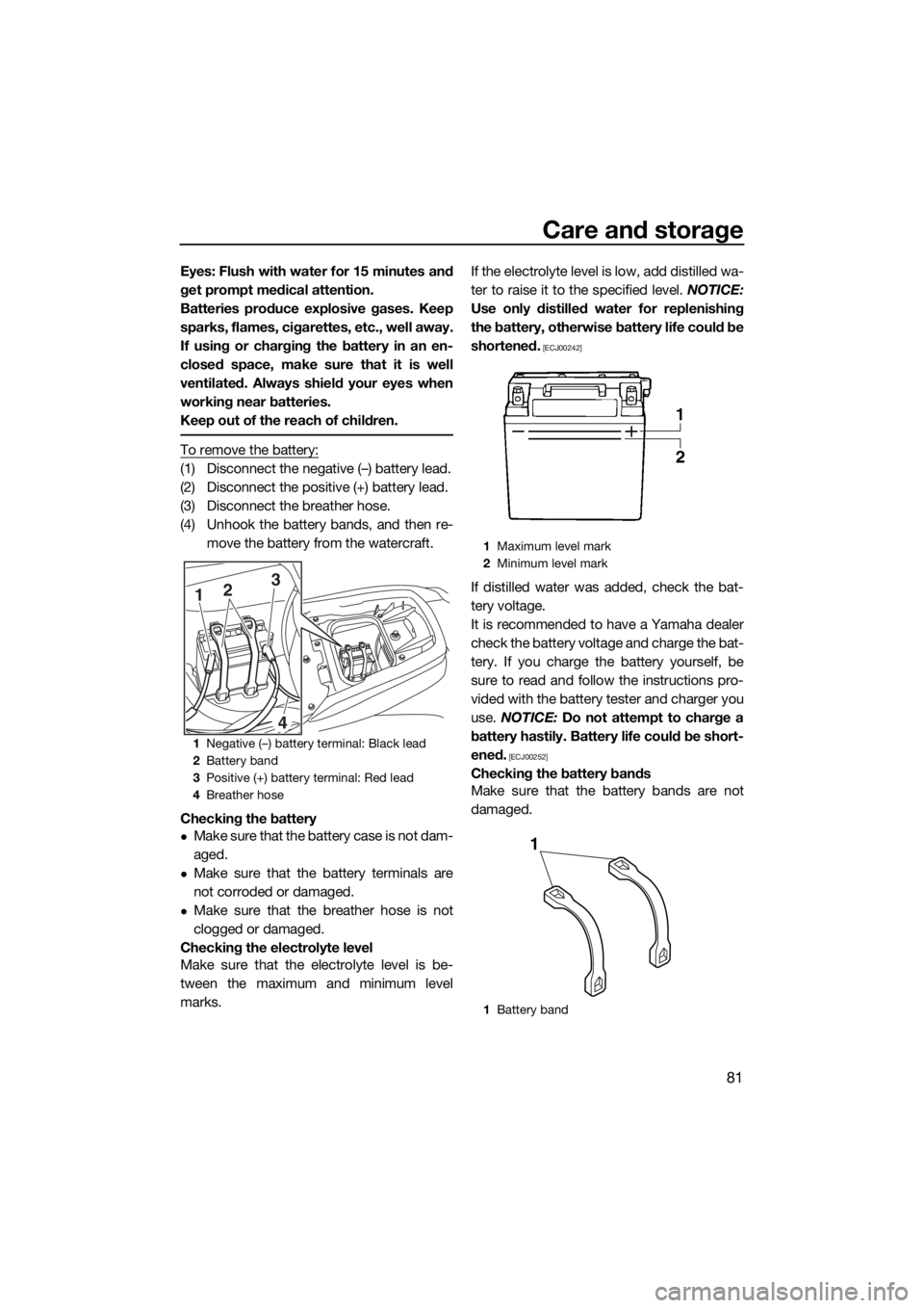 YAMAHA FZS SVHO 2016  Owners Manual Care and storage
81
Eyes: Flush with water for 15 minutes and
get prompt medical attention.
Batteries produce explosive gases. Keep
sparks, flames, cigarettes, etc., well away.
If using or charging th