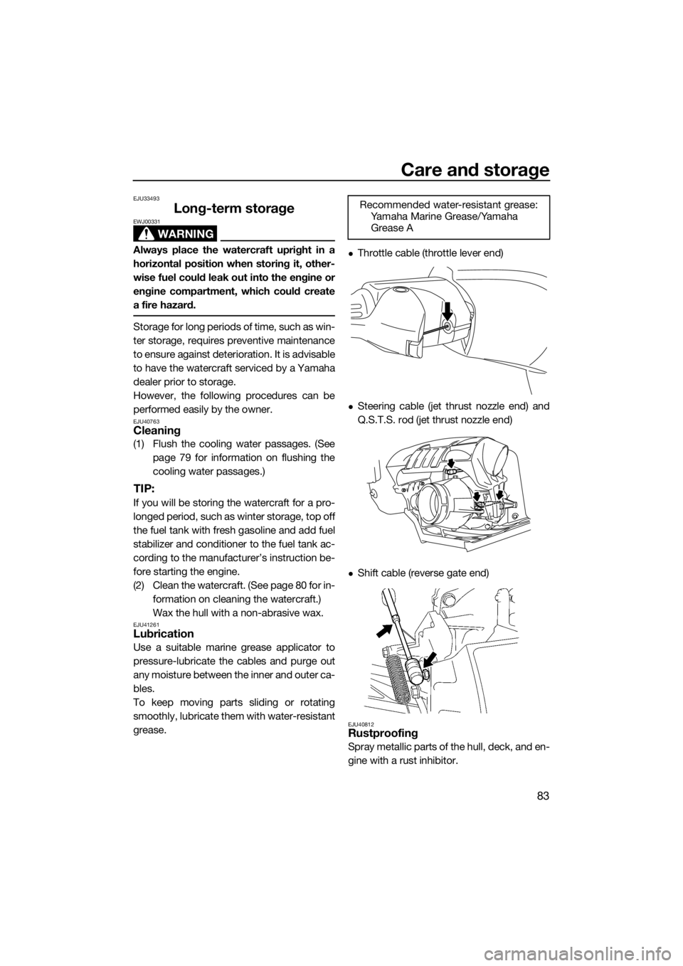 YAMAHA FZS SVHO 2016 Manual Online Care and storage
83
EJU33493
Long-term storage
WARNING
EWJ00331
Always place the watercraft upright in a
horizontal position when storing it, other-
wise fuel could leak out into the engine or
engine 