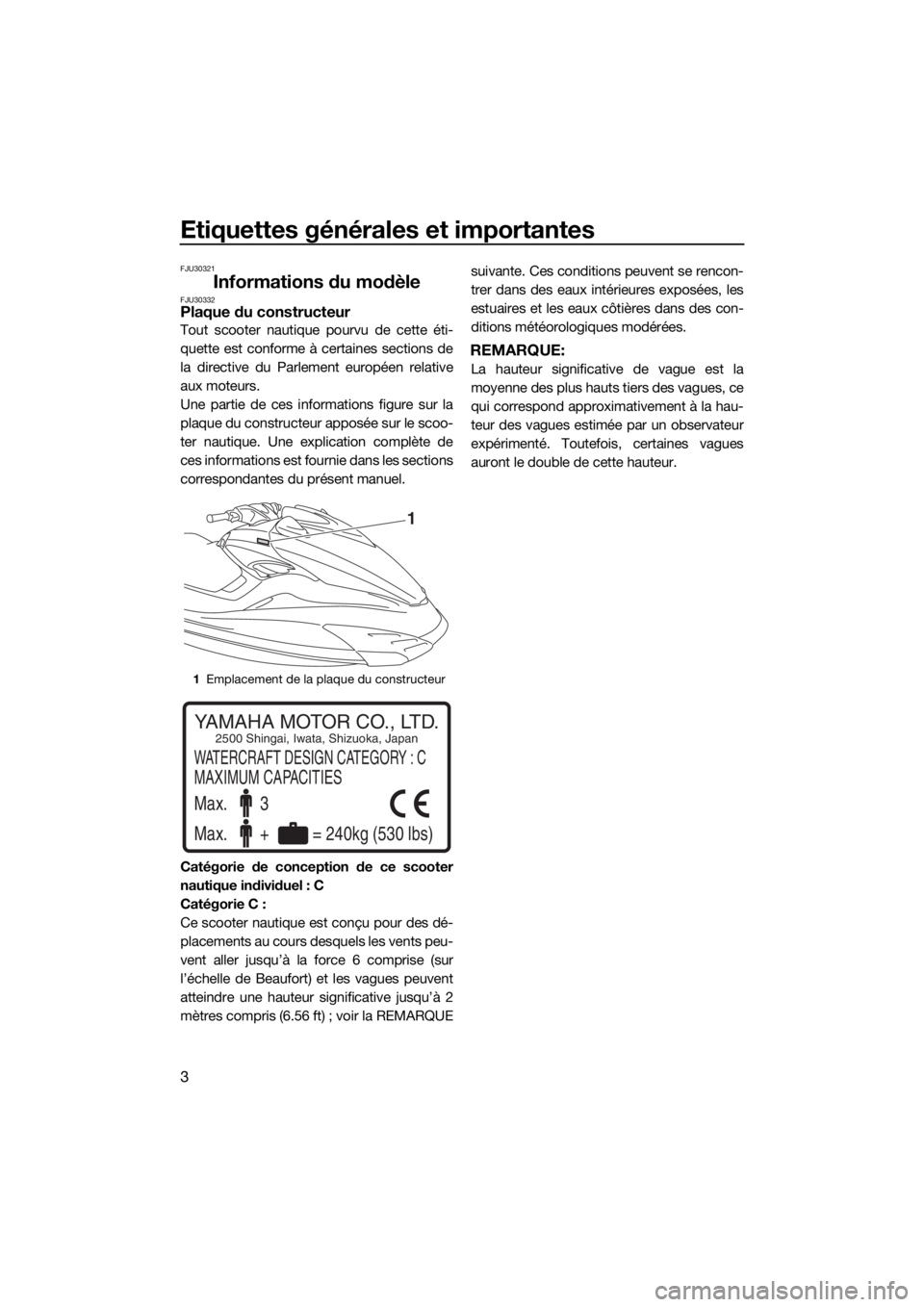 YAMAHA FZS SVHO 2016  Notices Demploi (in French) Etiquettes générales et importantes
3
FJU30321
Informations du modèleFJU30332Plaque du constructeur
Tout scooter nautique pourvu de cette éti-
quette est conforme à certaines sections de
la direc