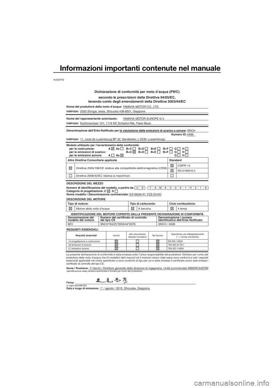 YAMAHA FZS SVHO 2016 Manuale duso (in Italian) Informazioni importanti contenute nel manuale
HJU42742
Dichiarazione di conformità per moto d’acqua (PWC)
secondo le prescrizioni della Direttiva 94/25/EC,
tenendo conto degli emendamenti della Dir YAMAHA FZS SVHO 2016 Manuale duso (in Italian) Informazioni importanti contenute nel manuale
HJU42742
Dichiarazione di conformità per moto d’acqua (PWC)
secondo le prescrizioni della Direttiva 94/25/EC,
tenendo conto degli emendamenti della Dir