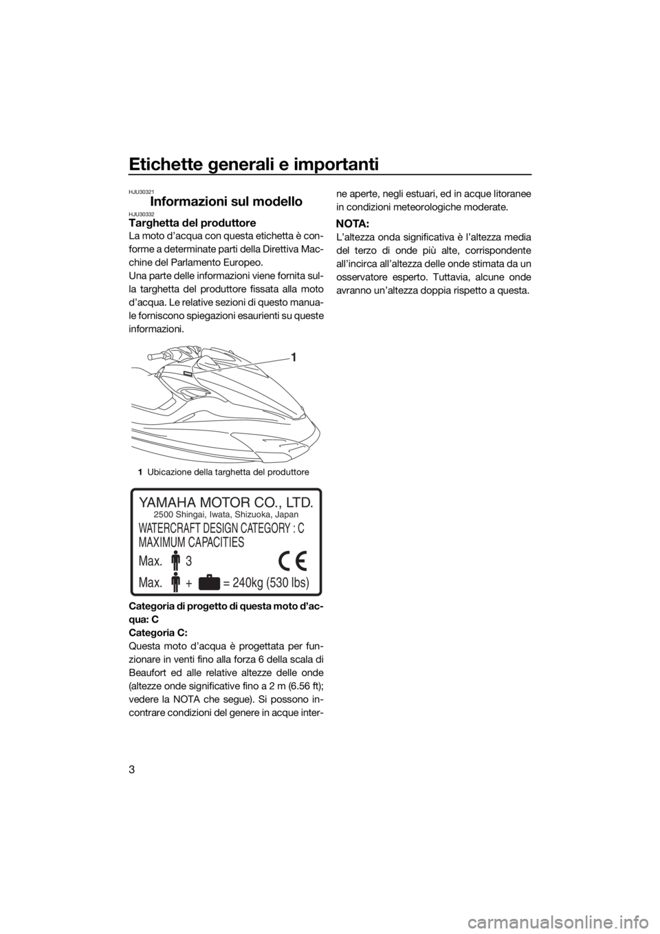 YAMAHA FZS SVHO 2016 Manuale duso (in Italian) Etichette generali e importanti
3
HJU30321
Informazioni sul modelloHJU30332Targhetta del produttore
La moto d’acqua con questa etichetta è con-
forme a determinate parti della Direttiva Mac-
chine YAMAHA FZS SVHO 2016 Manuale duso (in Italian) Etichette generali e importanti
3
HJU30321
Informazioni sul modelloHJU30332Targhetta del produttore
La moto d’acqua con questa etichetta è con-
forme a determinate parti della Direttiva Mac-
chine