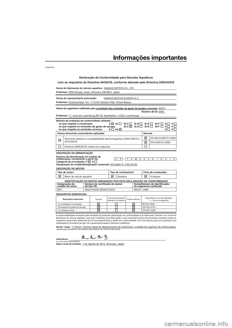 YAMAHA FZS SVHO 2016 Manual de utilização (in Portuguese) Informações importantes
PJU42743
Declaração de Conformidade para Veículos Aquáticos
com os requisitos da Directiva 94/25/CE, conforme alterada pela Directiva 2003/44/CE
Nome do fabricante do ve YAMAHA FZS SVHO 2016 Manual de utilização (in Portuguese) Informações importantes
PJU42743
Declaração de Conformidade para Veículos Aquáticos
com os requisitos da Directiva 94/25/CE, conforme alterada pela Directiva 2003/44/CE
Nome do fabricante do ve