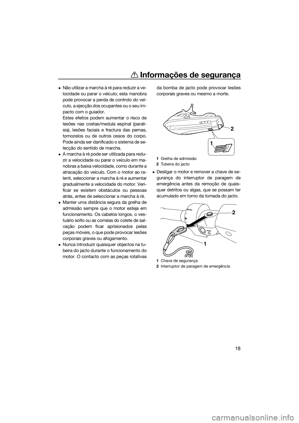 YAMAHA FZS SVHO 2016 Manual de utilização (in Portuguese) Informações de segurança
18
Não utilizar a marcha à ré para reduzir a ve-
locidade ou parar o veículo; esta manobra
pode provocar a perda de controlo do veí-
culo, a ejecção dos ocupantes YAMAHA FZS SVHO 2016 Manual de utilização (in Portuguese) Informações de segurança
18
Não utilizar a marcha à ré para reduzir a ve-
locidade ou parar o veículo; esta manobra
pode provocar a perda de controlo do veí-
culo, a ejecção dos ocupantes