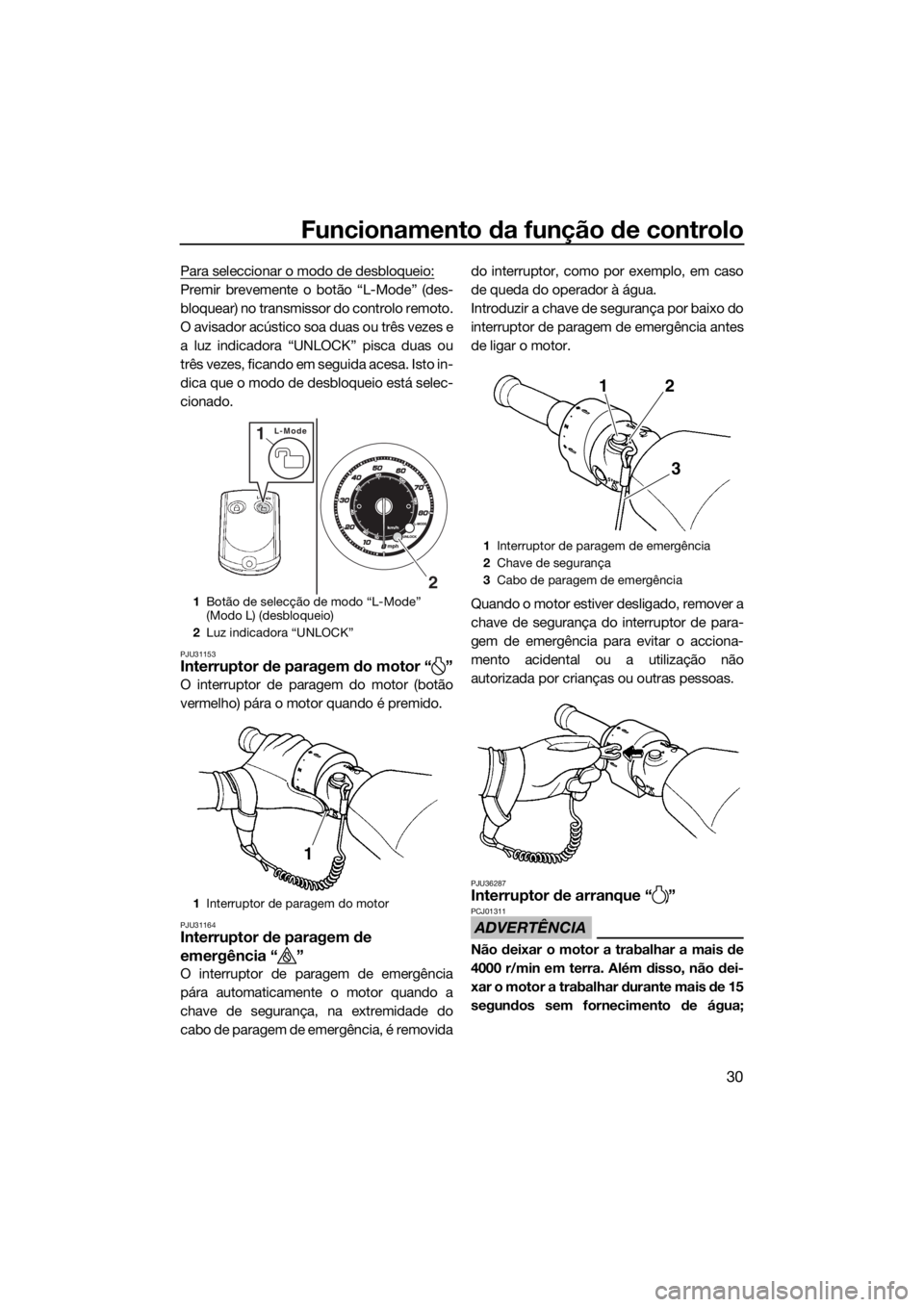 YAMAHA FZS SVHO 2016 Manual de utilização (in Portuguese) Funcionamento da função de controlo
30
Para seleccionar o modo de desbloqueio:
Premir brevemente o botão “L-Mode” (des-
bloquear) no transmissor do controlo remoto.
O avisador acústico soa dua YAMAHA FZS SVHO 2016 Manual de utilização (in Portuguese) Funcionamento da função de controlo
30
Para seleccionar o modo de desbloqueio:
Premir brevemente o botão “L-Mode” (des-
bloquear) no transmissor do controlo remoto.
O avisador acústico soa dua