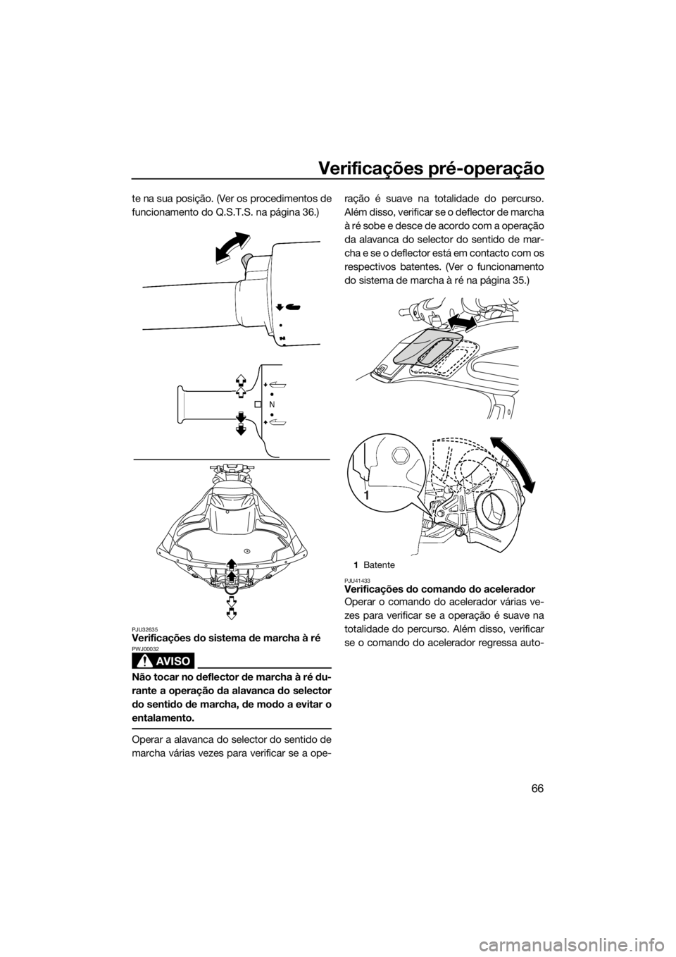 YAMAHA FZS SVHO 2016  Manual de utilização (in Portuguese) Verificações pré-operação
66
te na sua posição. (Ver os procedimentos de
funcionamento do Q.S.T.S. na página 36.)
PJU32635Verificações do sistema de marcha à ré
AVISO
PWJ00032
Não tocar n